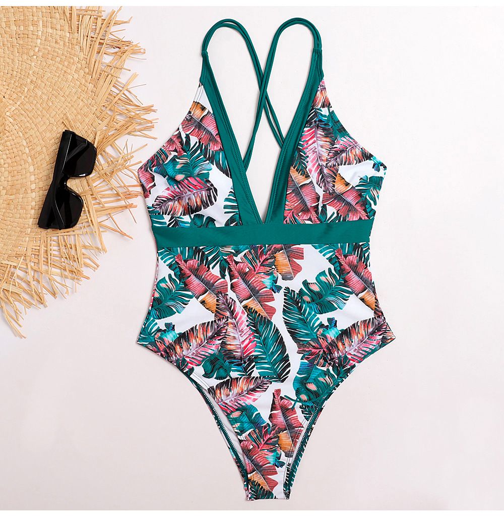 (image for) Women Tropical Print One‑Piece Swimsuit Sexy Cross Back Bikini Swimwear