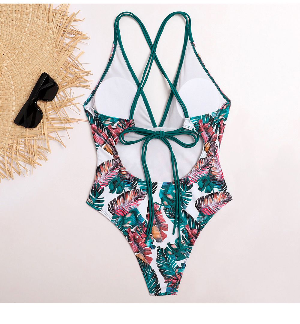 (image for) Women Tropical Print One‑Piece Swimsuit Sexy Cross Back Bikini Swimwear