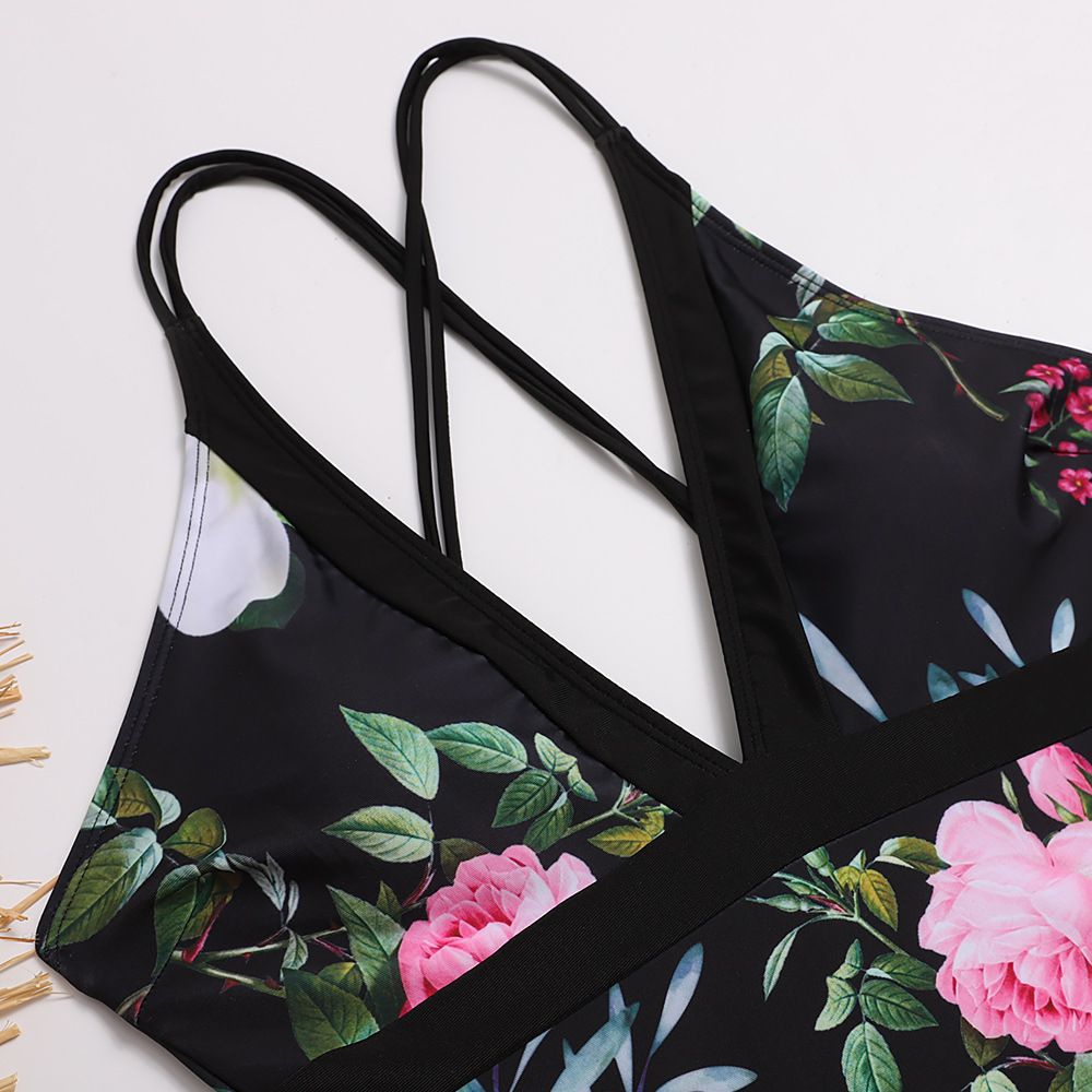 (image for) Women Tropical Print One‑Piece Swimsuit Sexy Cross Back Bikini Swimwear
