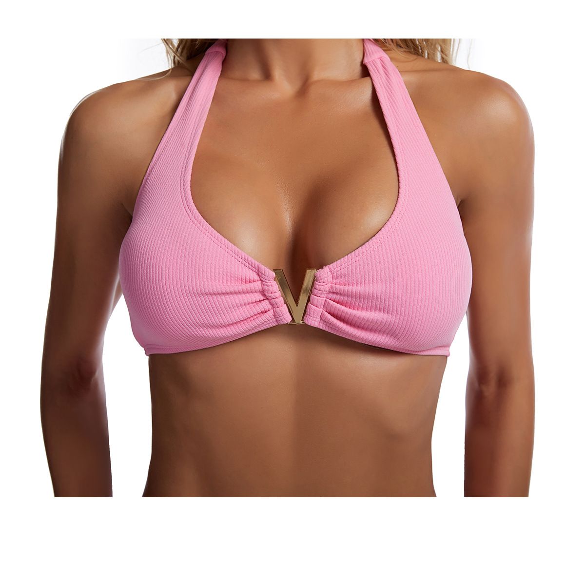 (image for) Solid Ribbed Halter Bikini Set V‑Neck Side Tie Two‑Piece Swimwear for Women