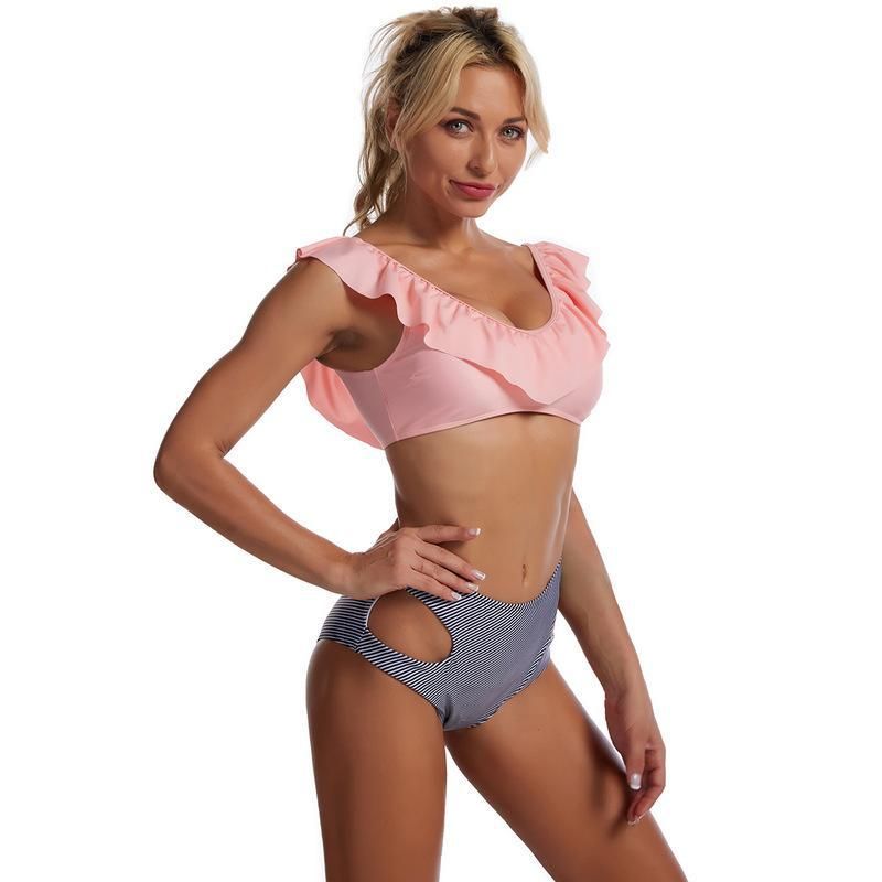 (image for) High Waist Ruffle Shoulder Bikini Set Off‑Shoulder Two‑Piece Women Swimwear Bathing Suit