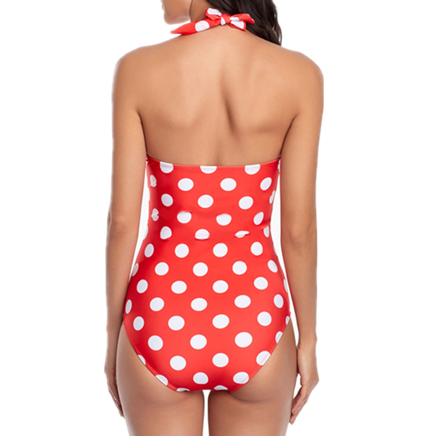 (image for) New Women Halter Deep V Polka Dot One‑Piece Swimsuit Backless Sexy Bathing Suit