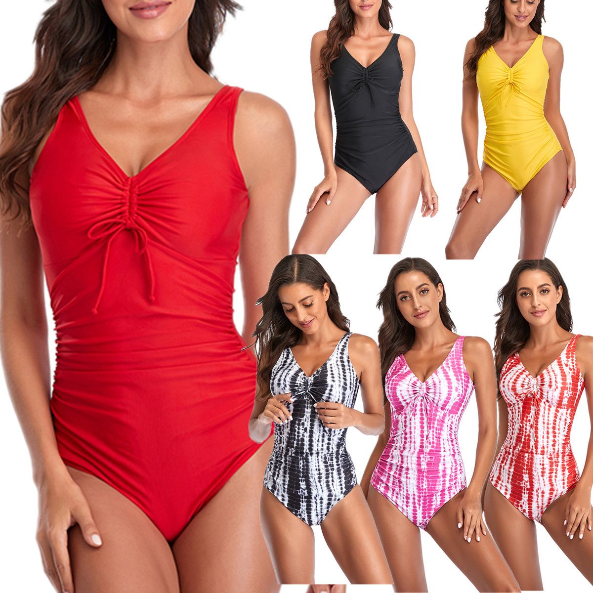 (image for) Women V‑Neck Drawstring Ruched One‑Piece Swimsuit, Conservative Tummy Control Bathing Suit