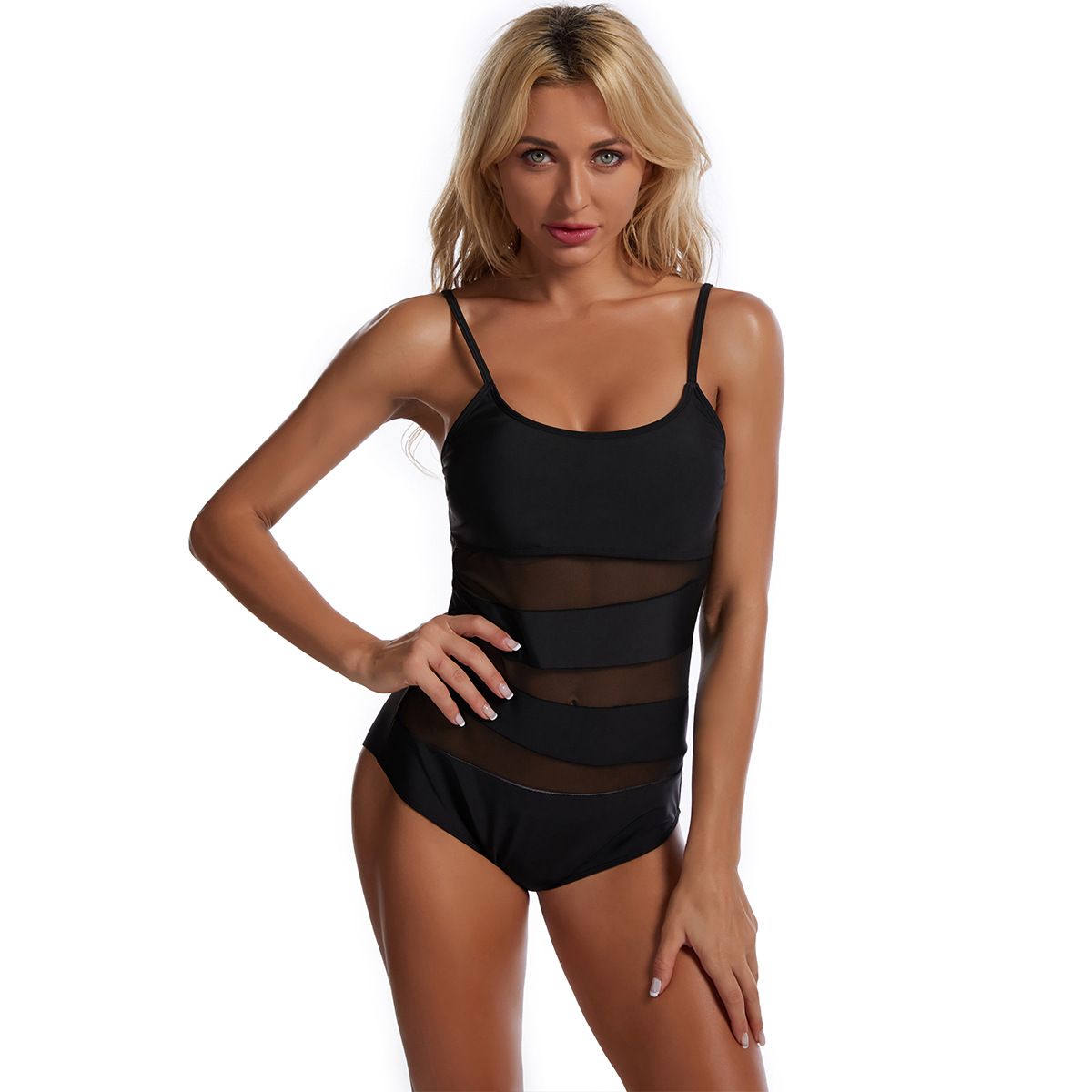 (image for) Women Mesh Splice Leopard Print Hollow Out One‑Piece Swimsuit