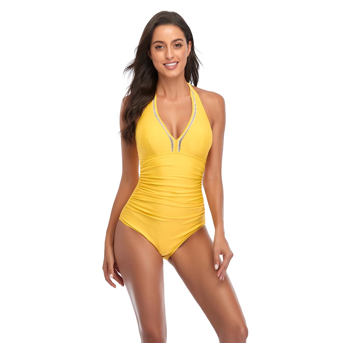 (image for) Women Halter V‑Neck Solid One‑Piece Swimsuit, Tummy Control Conservative Bathing Suit