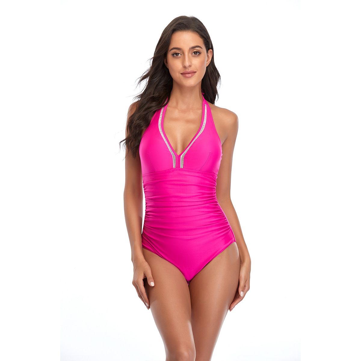 (image for) Women Halter V‑Neck Solid One‑Piece Swimsuit, Tummy Control Conservative Bathing Suit
