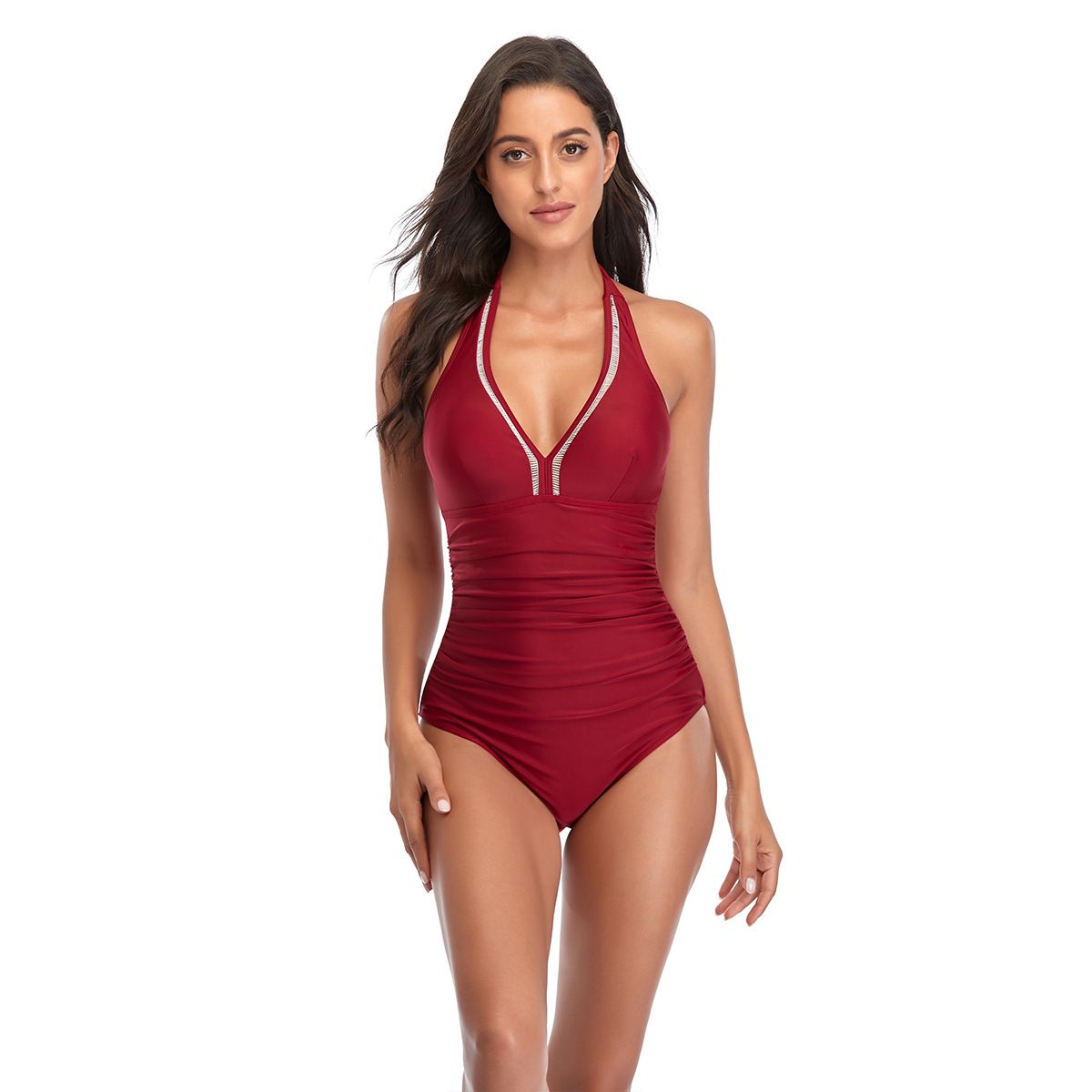 (image for) Women Halter V‑Neck Solid One‑Piece Swimsuit, Tummy Control Conservative Bathing Suit