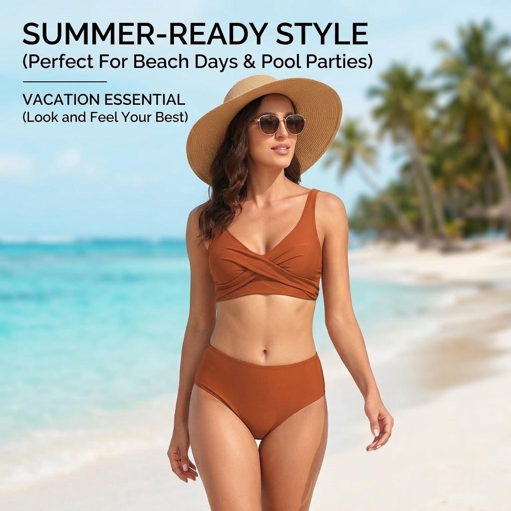(image for) Women Solid Twist Front High Waist Two‑Piece Bikini Swimsuit S‑XL