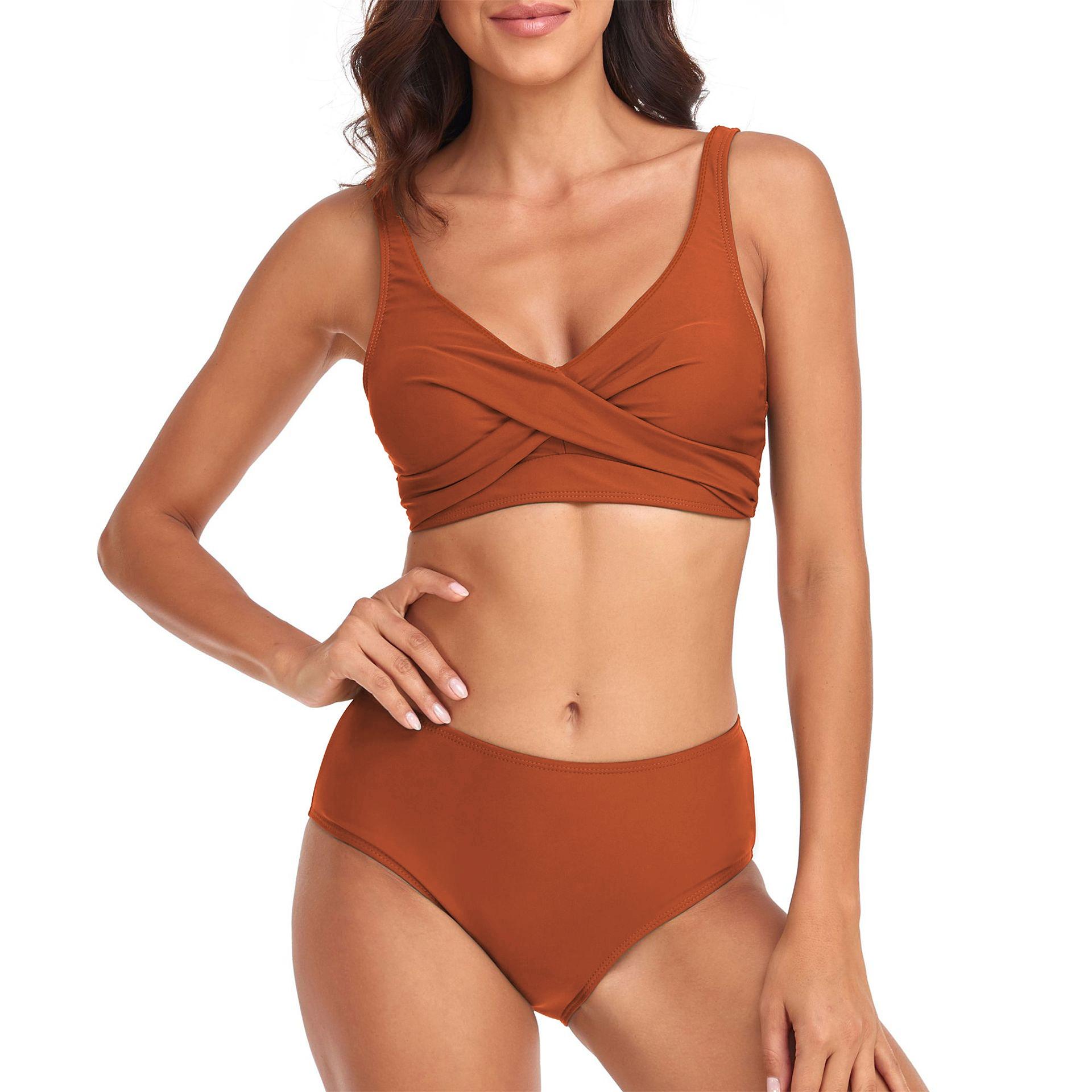 (image for) Women Solid Twist Front High Waist Two‑Piece Bikini Swimsuit S‑XL