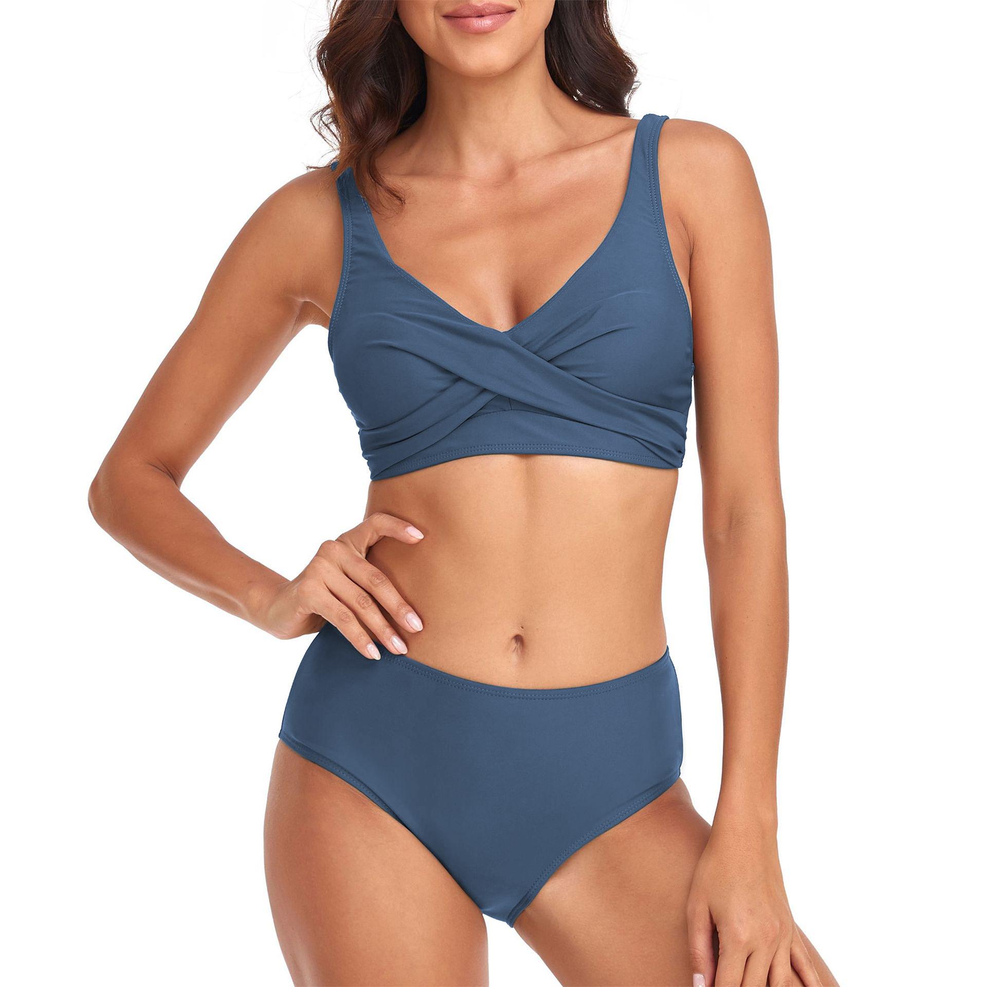(image for) Women Solid Twist Front High Waist Two‑Piece Bikini Swimsuit S‑XL