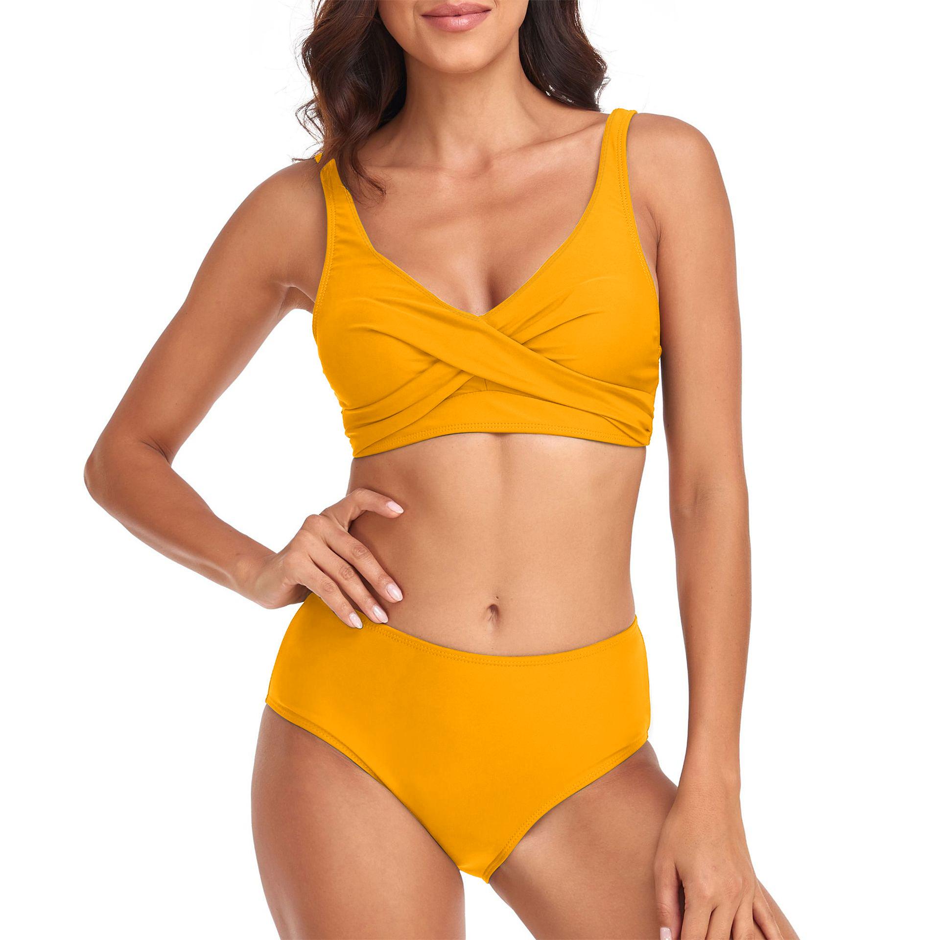 (image for) Women Solid Twist Front High Waist Two‑Piece Bikini Swimsuit S‑XL