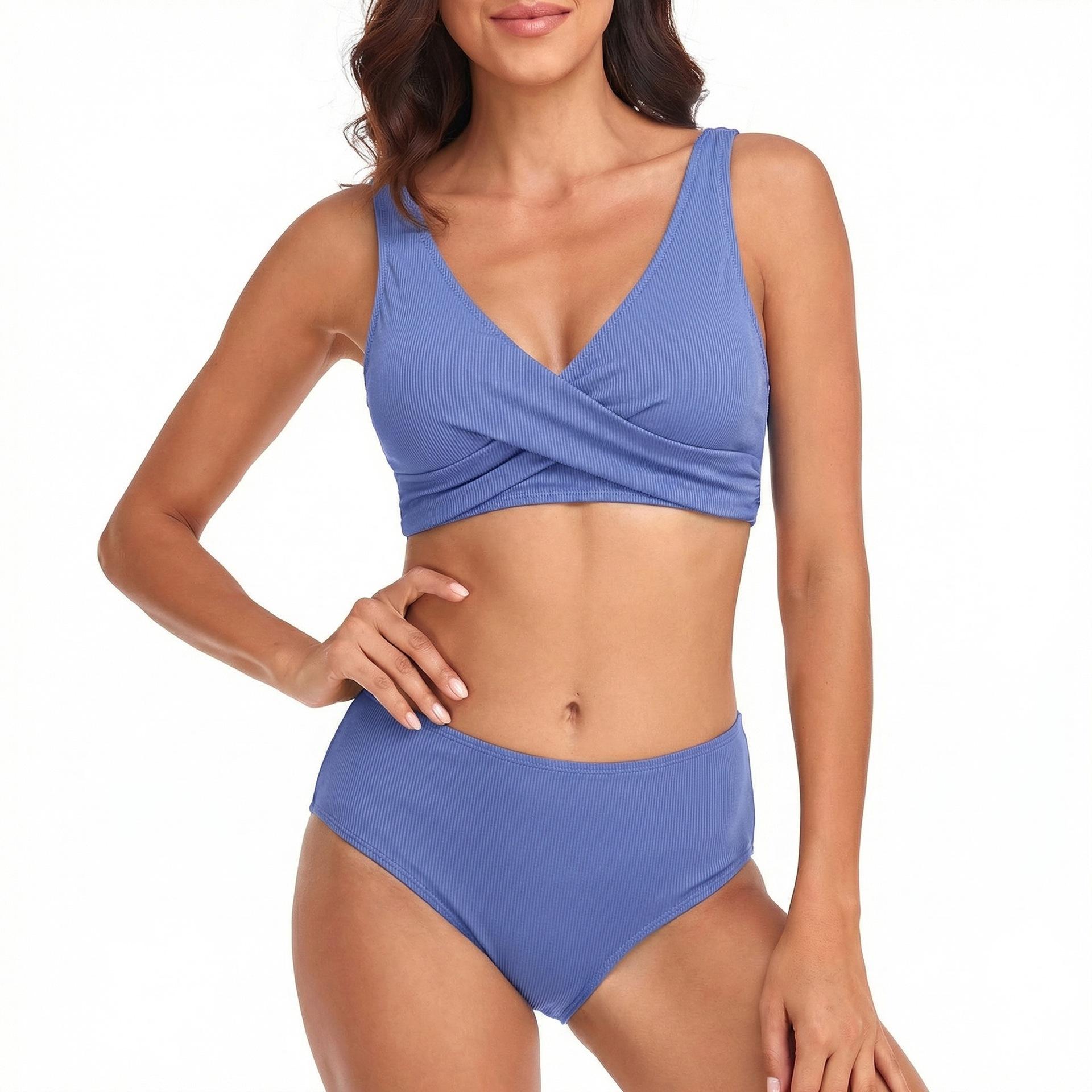 (image for) Women Solid Twist Front High Waist Two‑Piece Bikini Swimsuit S‑XL