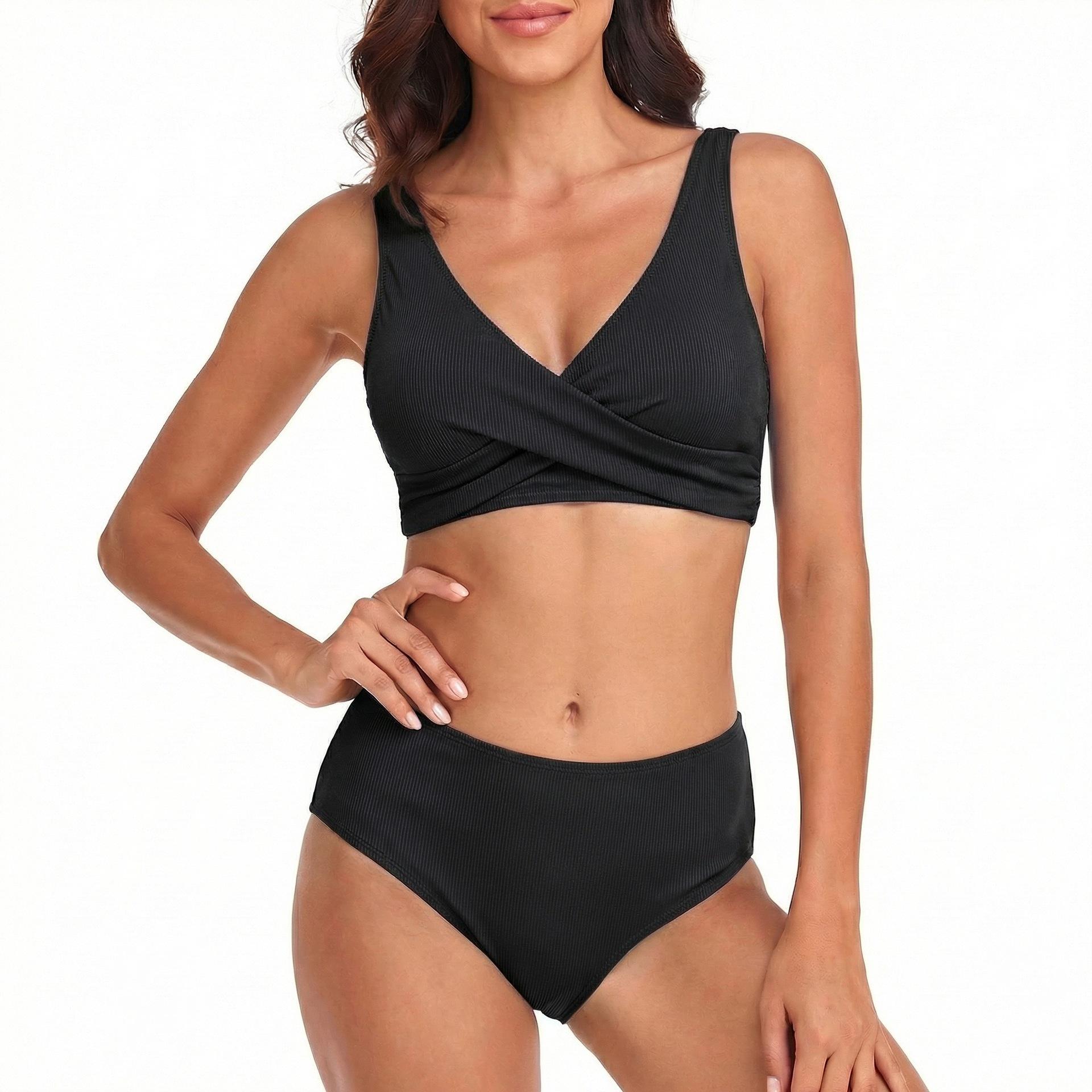 (image for) Women Solid Twist Front High Waist Two‑Piece Bikini Swimsuit S‑XL