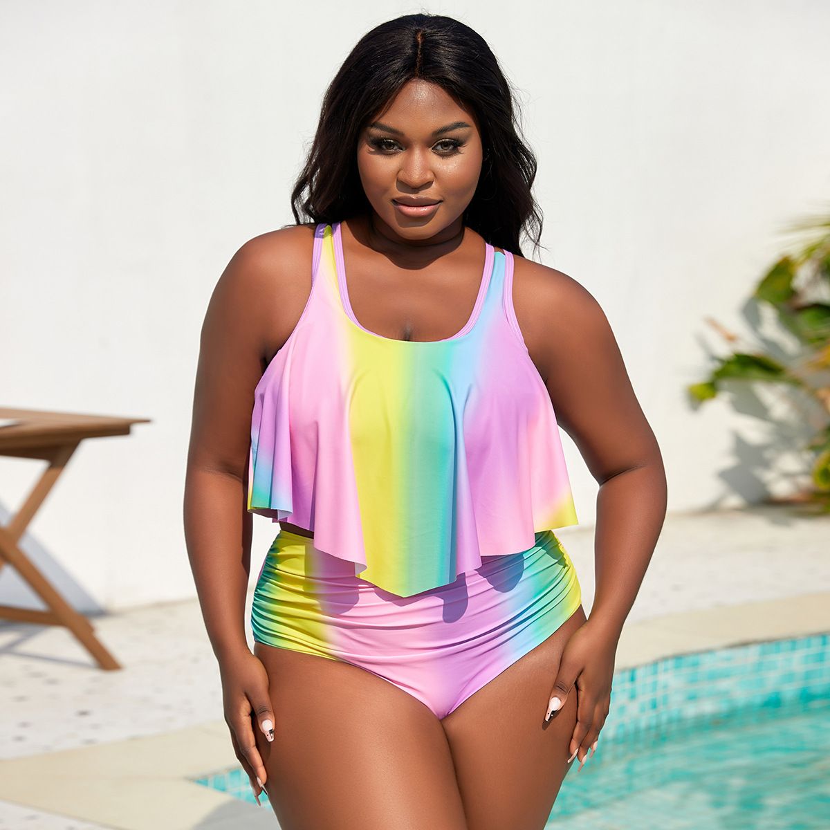 (image for) Plus Size Gradient Ruffled Two‑Piece Bikini Set Women Flounce Tankini Swimwear