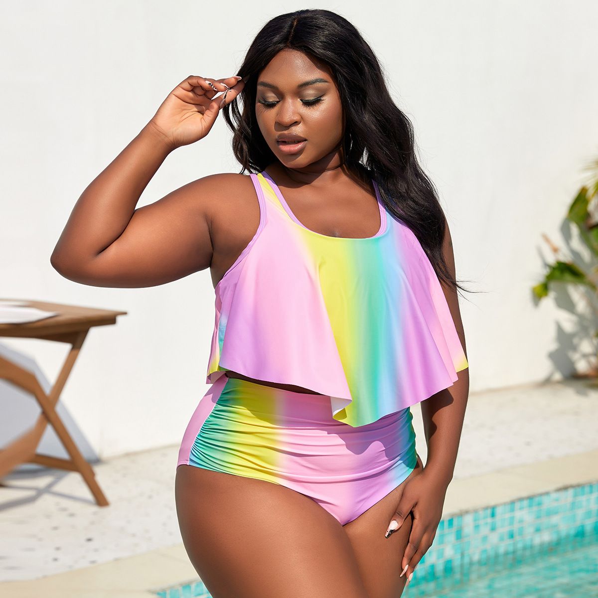 (image for) Plus Size Gradient Ruffled Two‑Piece Bikini Set Women Flounce Tankini Swimwear