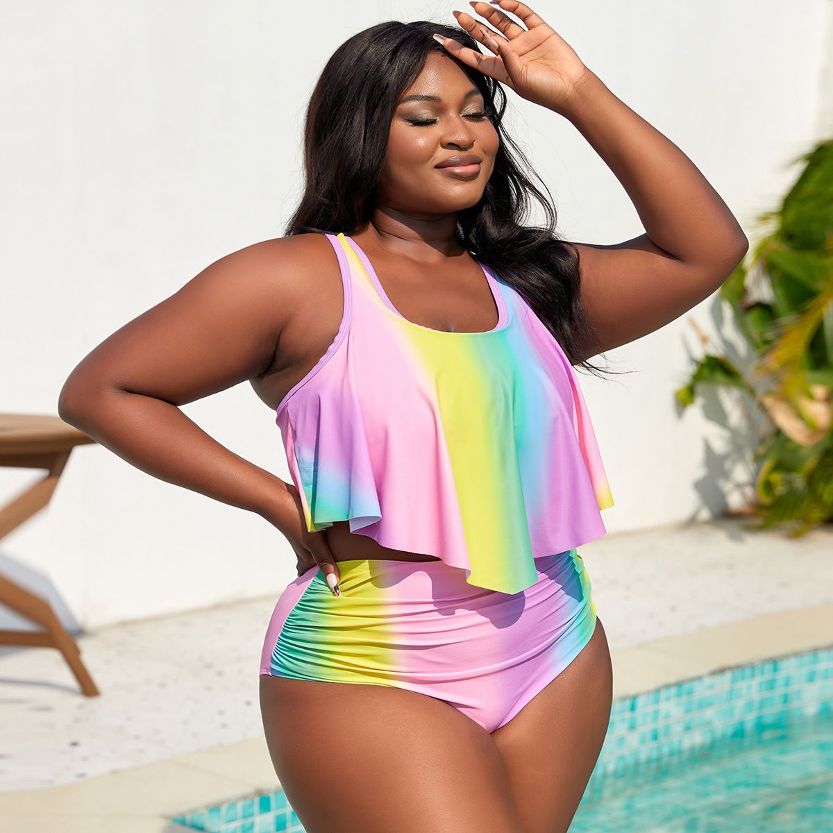 (image for) Plus Size Gradient Ruffled Two‑Piece Bikini Set Women Flounce Tankini Swimwear