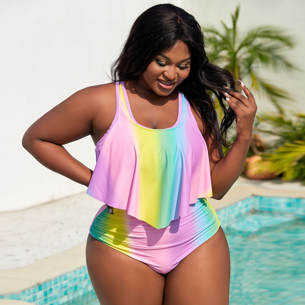 (image for) Plus Size Gradient Ruffled Two‑Piece Bikini Set Women Flounce Tankini Swimwear