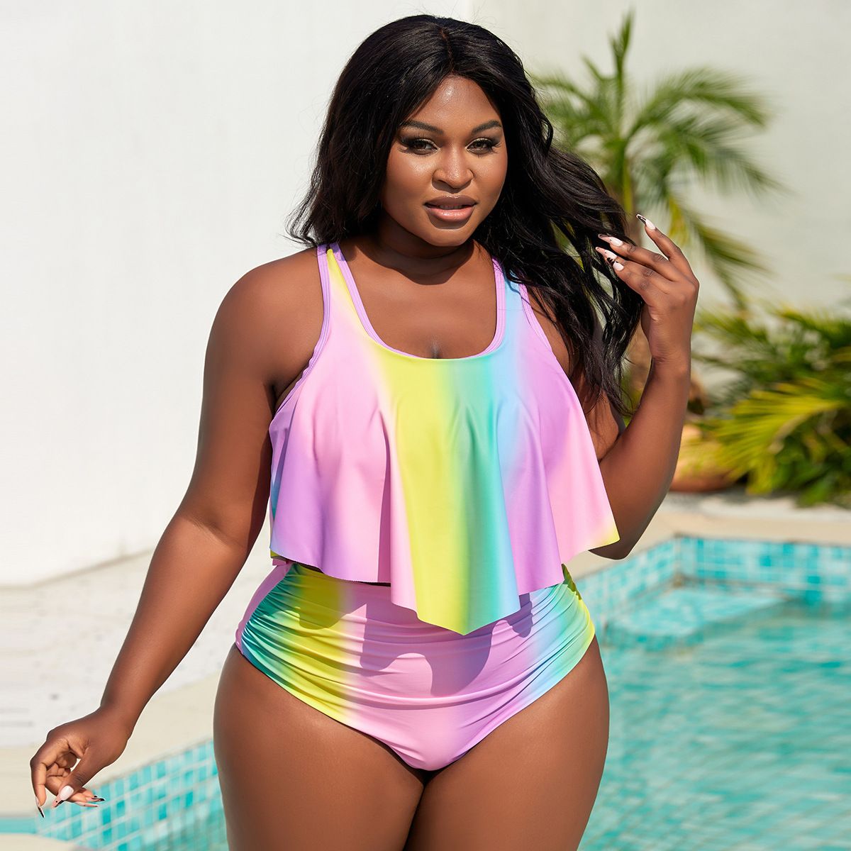 (image for) Plus Size Gradient Ruffled Two‑Piece Bikini Set Women Flounce Tankini Swimwear