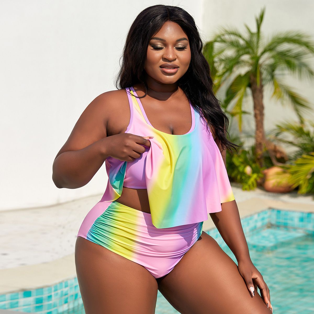 (image for) Plus Size Gradient Ruffled Two‑Piece Bikini Set Women Flounce Tankini Swimwear