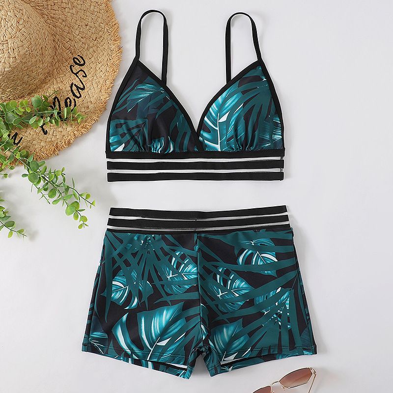(image for) Tropical Leaf Print Two‑Piece Bikini Set V‑Neck Mesh Trim Boyshort Bottom Women Swimsuit