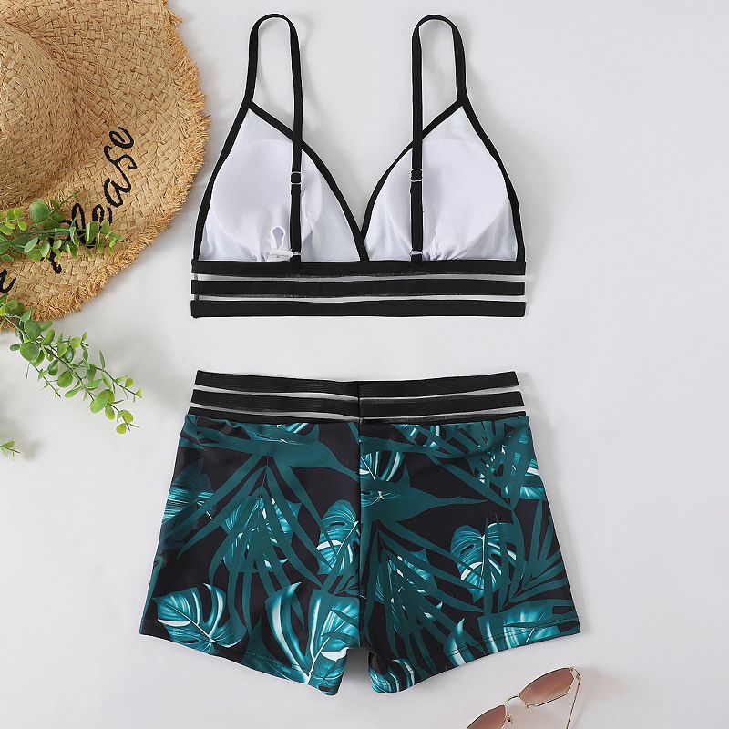 (image for) Tropical Leaf Print Two‑Piece Bikini Set V‑Neck Mesh Trim Boyshort Bottom Women Swimsuit