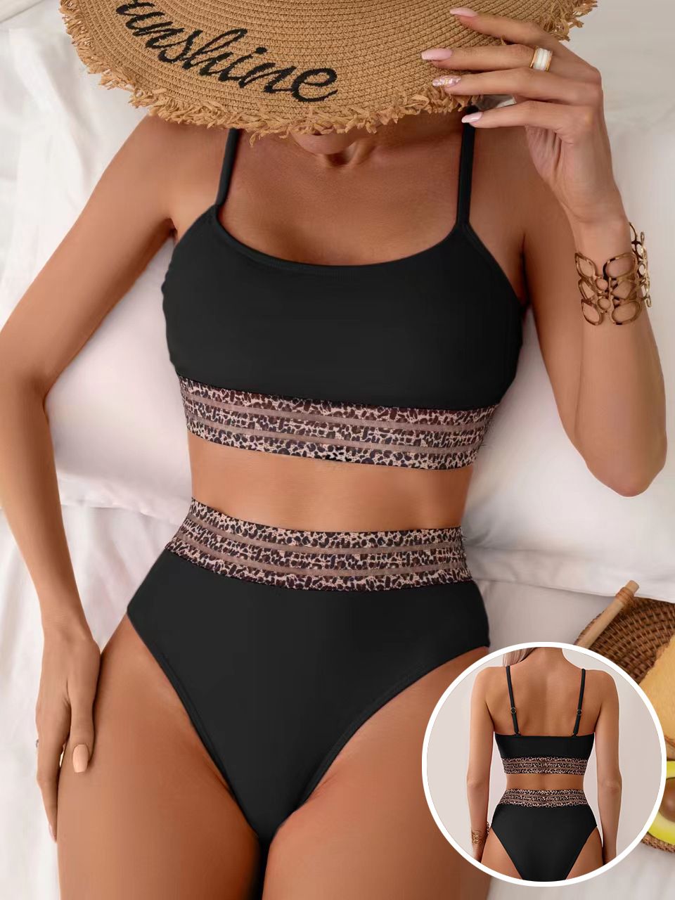 (image for) Women Solid High Waist Bikini Set Leopard Mesh Trim Padded Two Piece Swimsuit