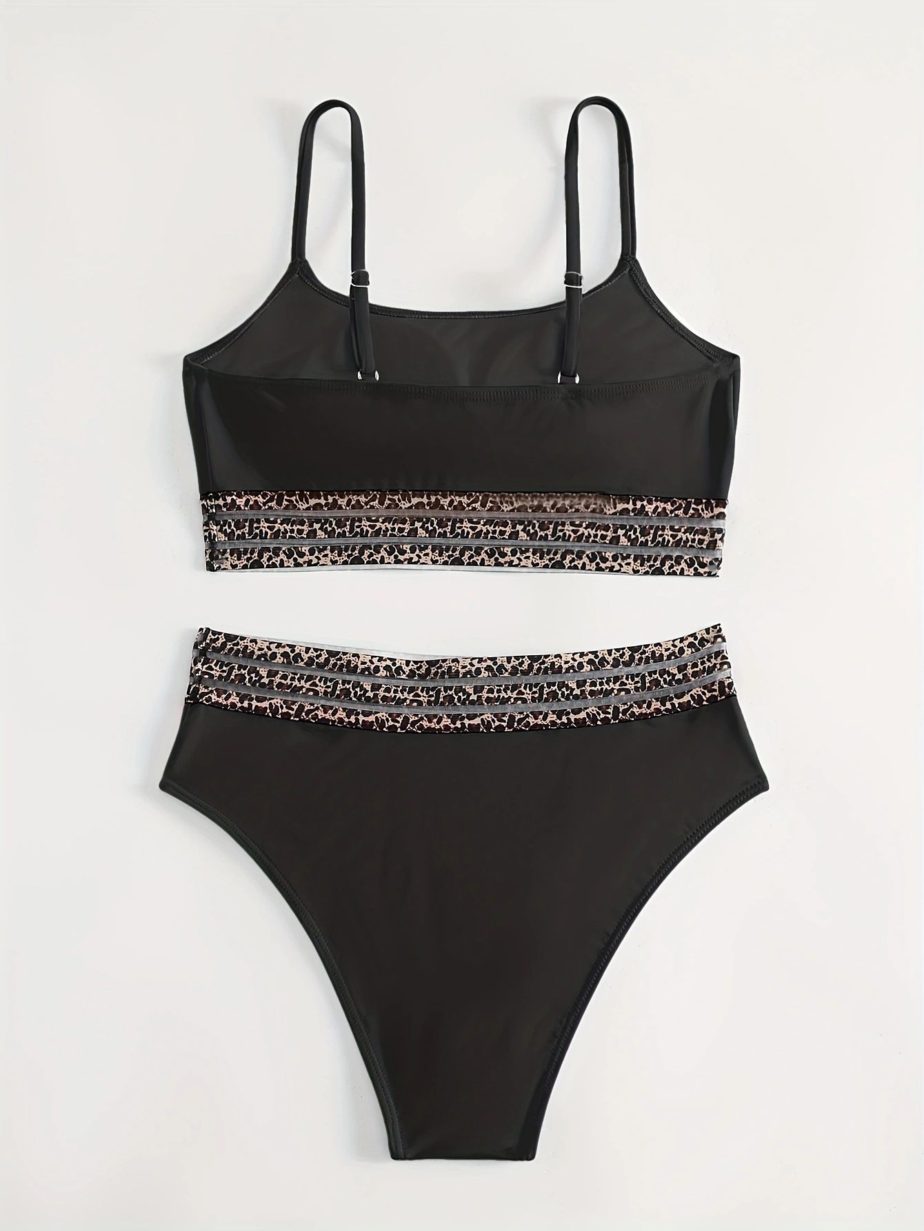 (image for) Women Solid High Waist Bikini Set Leopard Mesh Trim Padded Two Piece Swimsuit