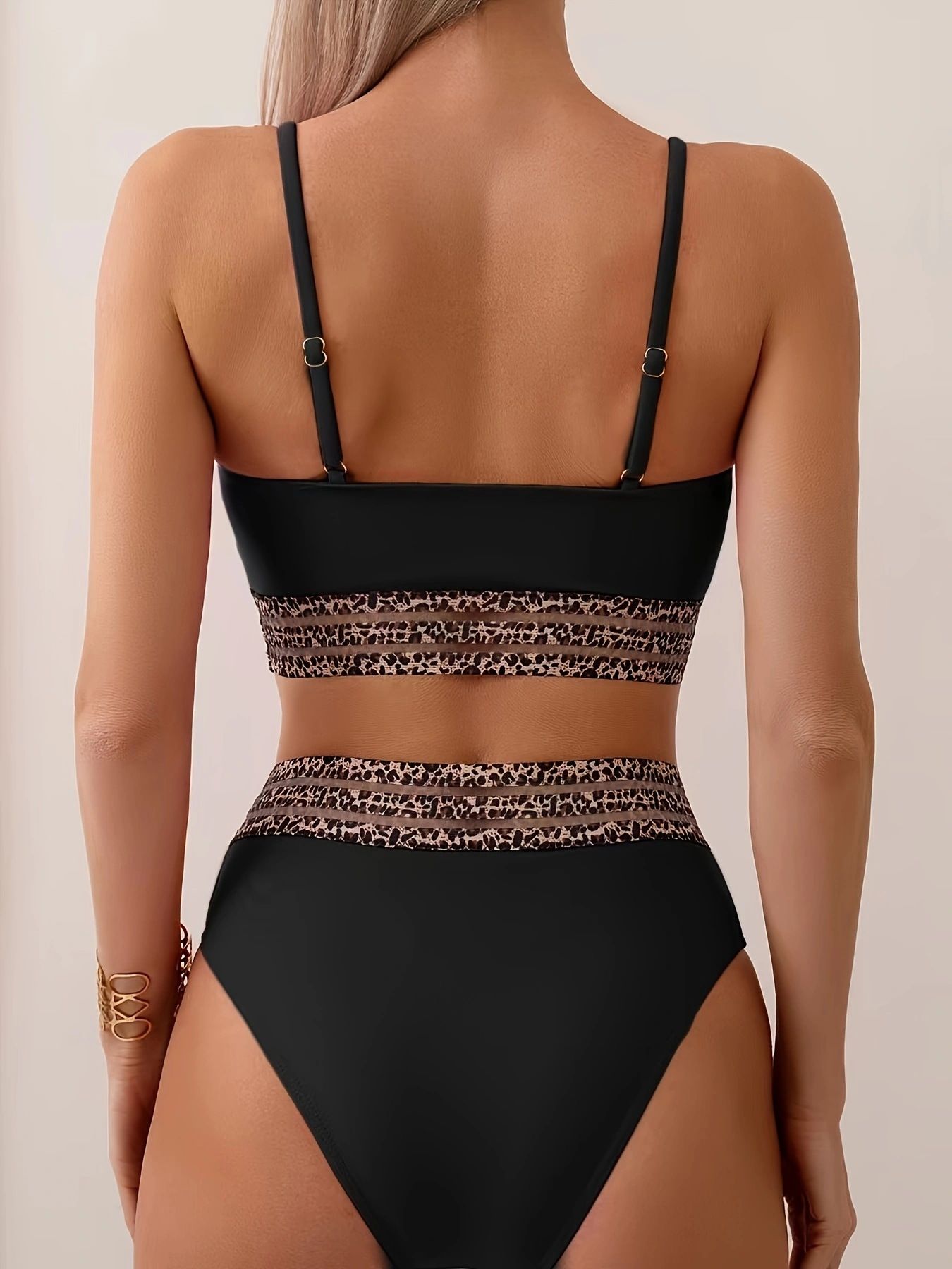 (image for) Women Solid High Waist Bikini Set Leopard Mesh Trim Padded Two Piece Swimsuit