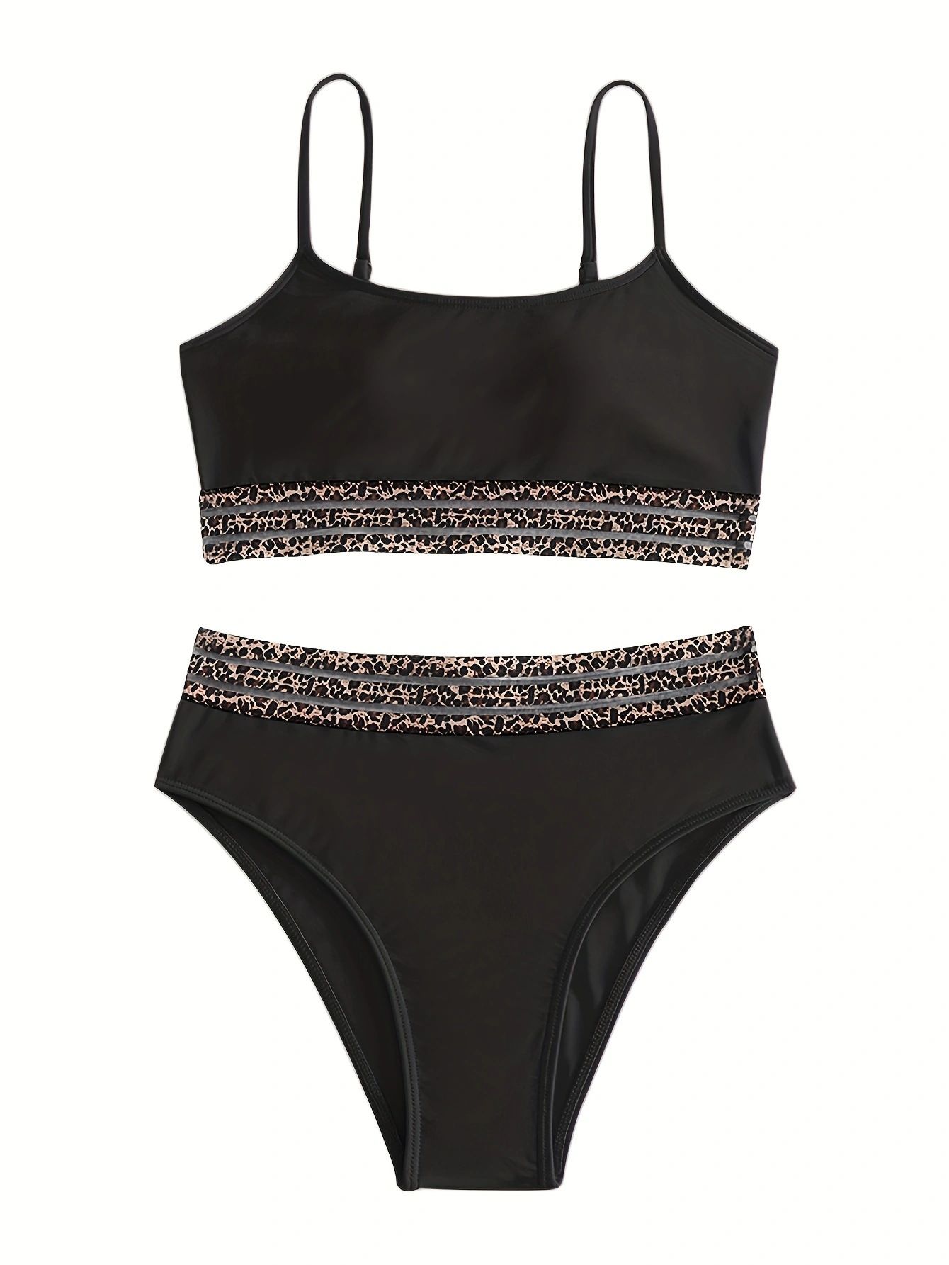 (image for) Women Solid High Waist Bikini Set Leopard Mesh Trim Padded Two Piece Swimsuit