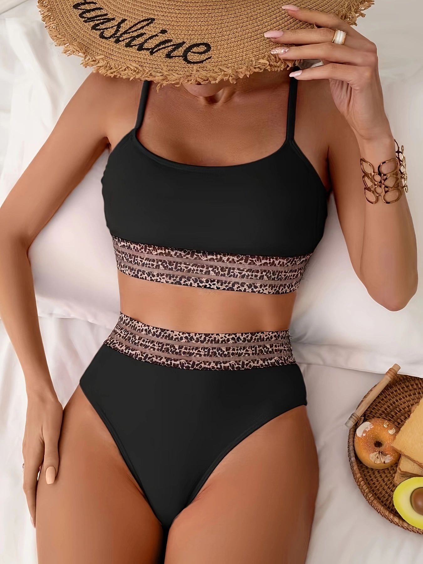 (image for) Women Solid High Waist Bikini Set Leopard Mesh Trim Padded Two Piece Swimsuit