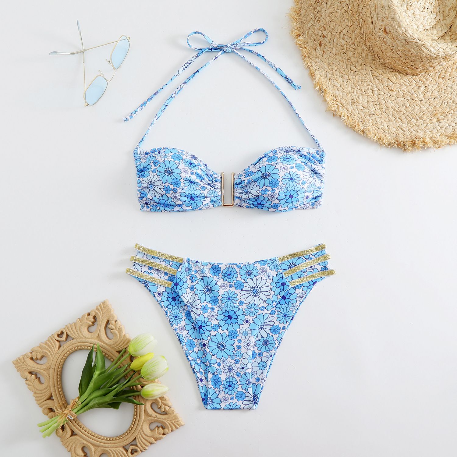 Floral Print Halter Bikini Set Metal Buckle Strappy Side Two‑Piece Women Swimsuit (image for) Floral Print Halter Bikini Set Metal Buckle Strappy Side Two‑Piece Women Swimsuit