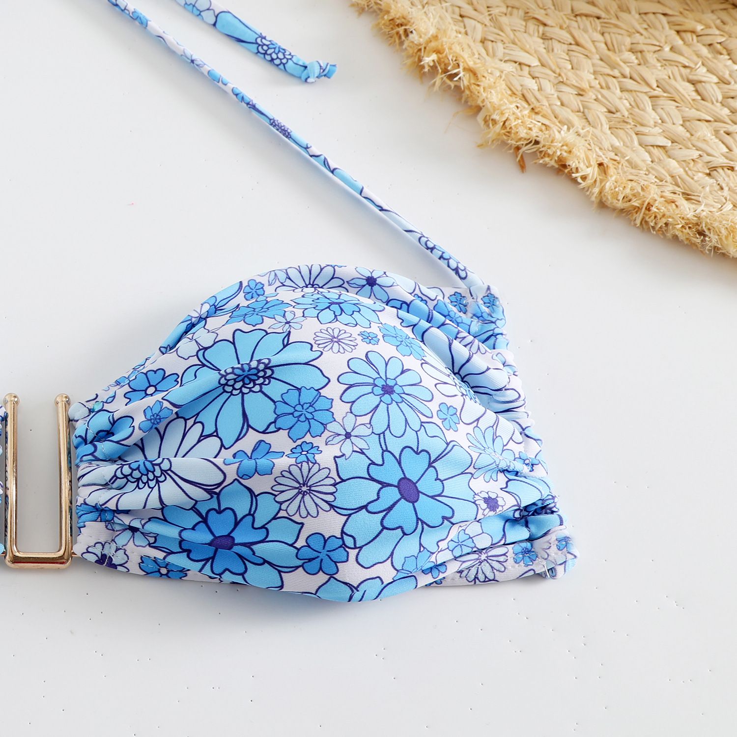 (image for) Floral Print Halter Bikini Set Metal Buckle Strappy Side Two‑Piece Women Swimsuit
