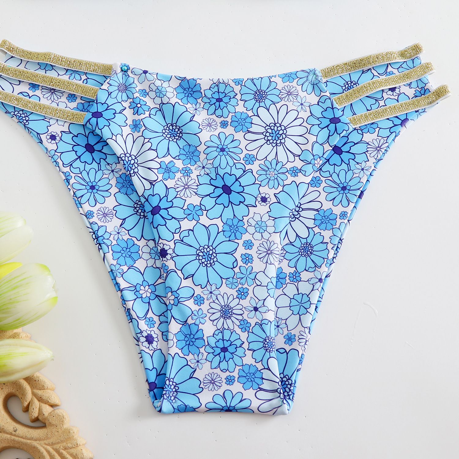 (image for) Floral Print Halter Bikini Set Metal Buckle Strappy Side Two‑Piece Women Swimsuit