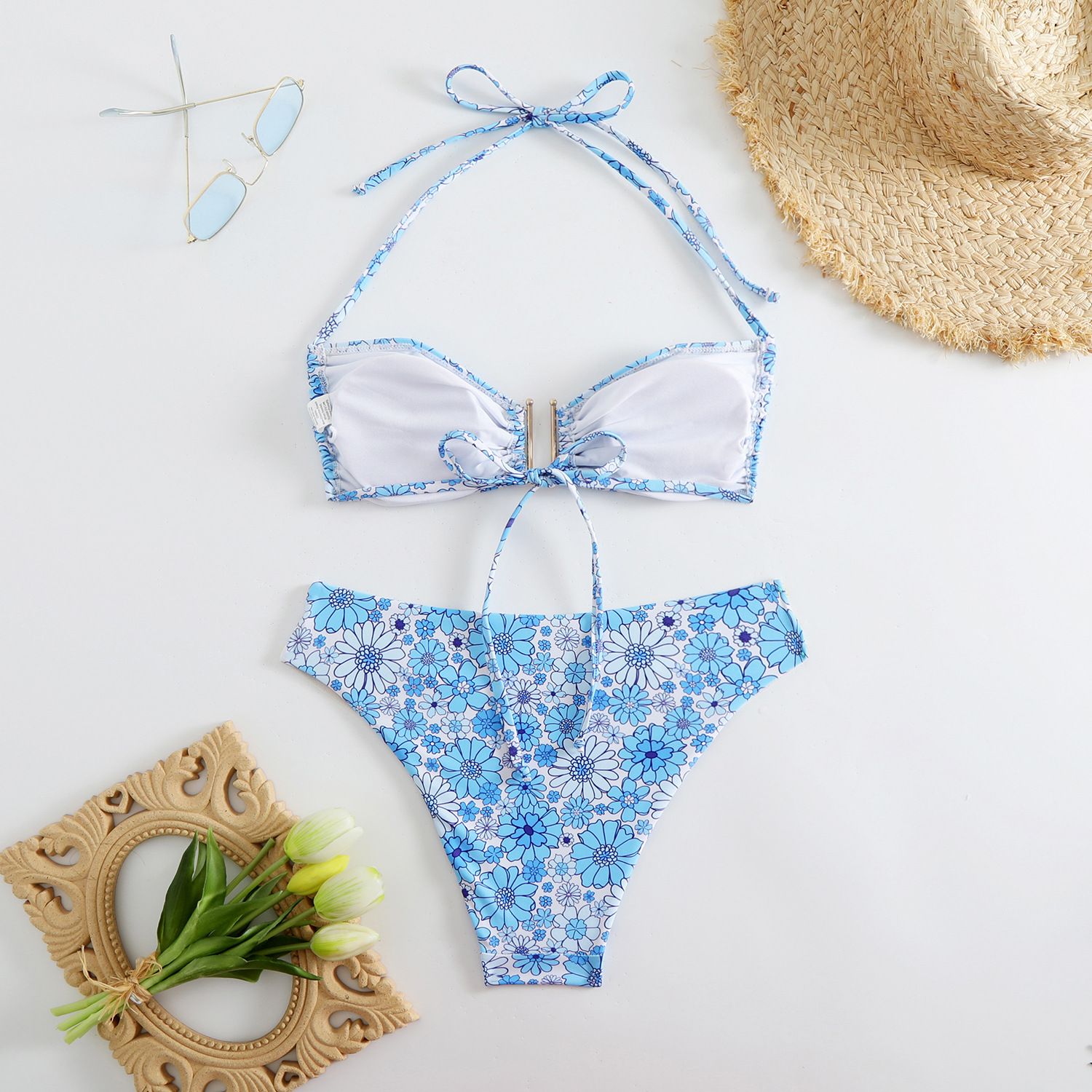(image for) Floral Print Halter Bikini Set Metal Buckle Strappy Side Two‑Piece Women Swimsuit