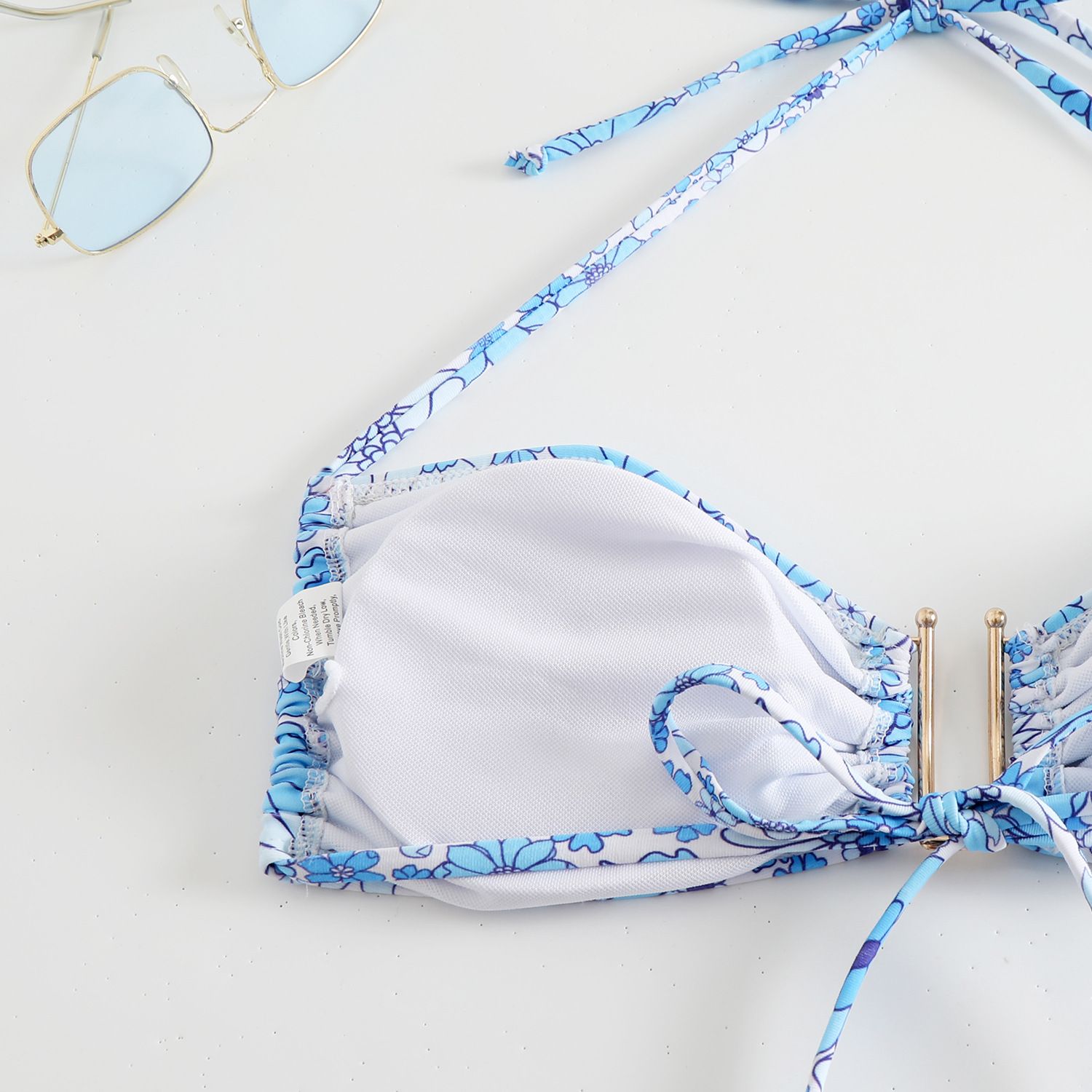 (image for) Floral Print Halter Bikini Set Metal Buckle Strappy Side Two‑Piece Women Swimsuit