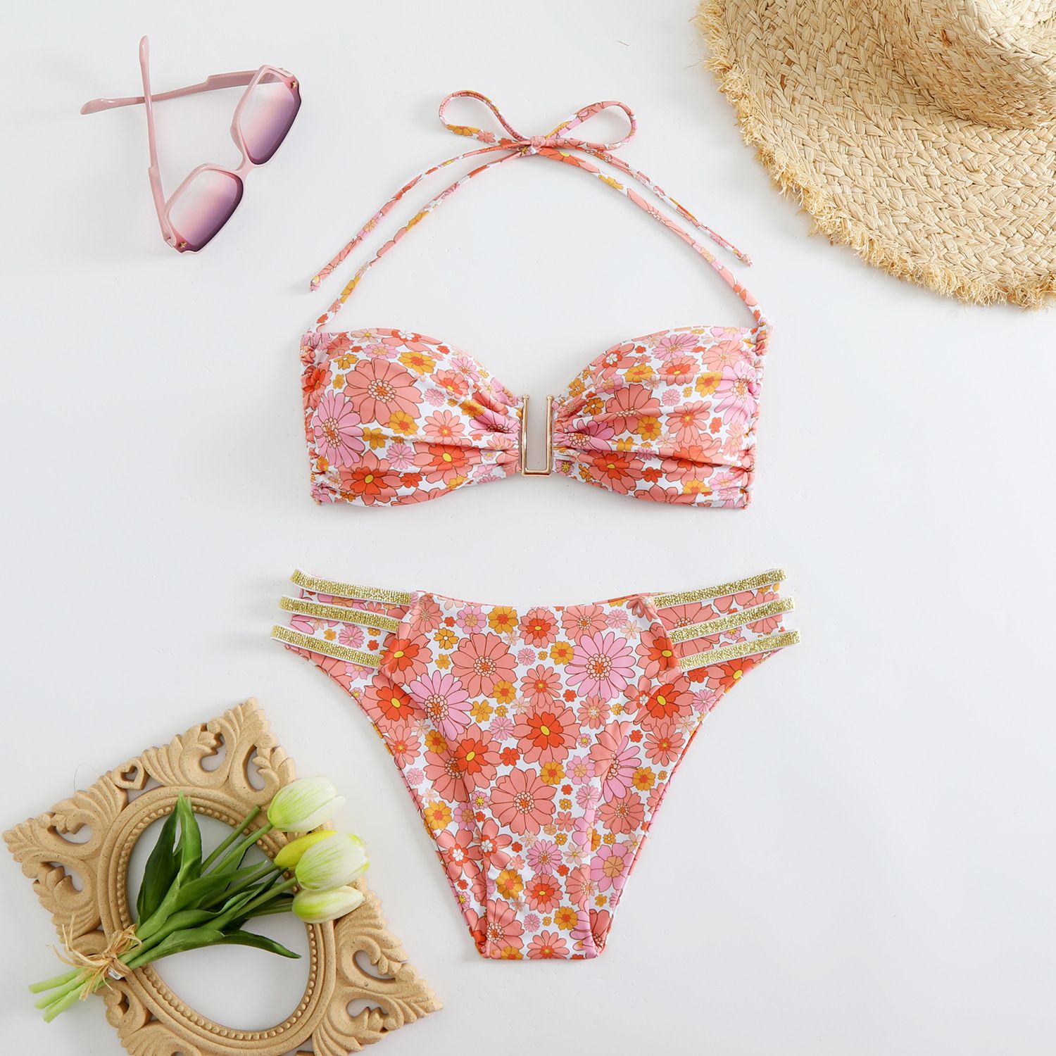 (image for) Floral Print Halter Bikini Set Metal Buckle Strappy Side Two‑Piece Women Swimsuit