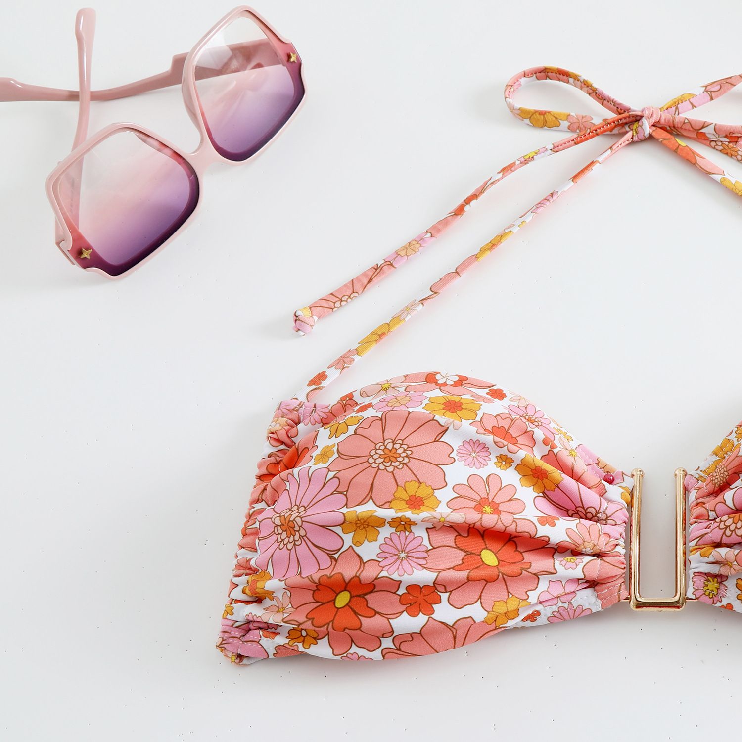(image for) Floral Print Halter Bikini Set Metal Buckle Strappy Side Two‑Piece Women Swimsuit