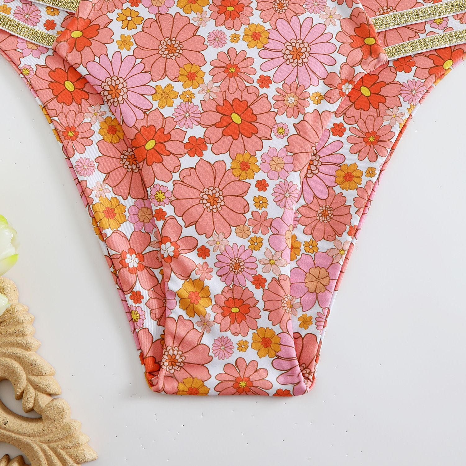 (image for) Floral Print Halter Bikini Set Metal Buckle Strappy Side Two‑Piece Women Swimsuit