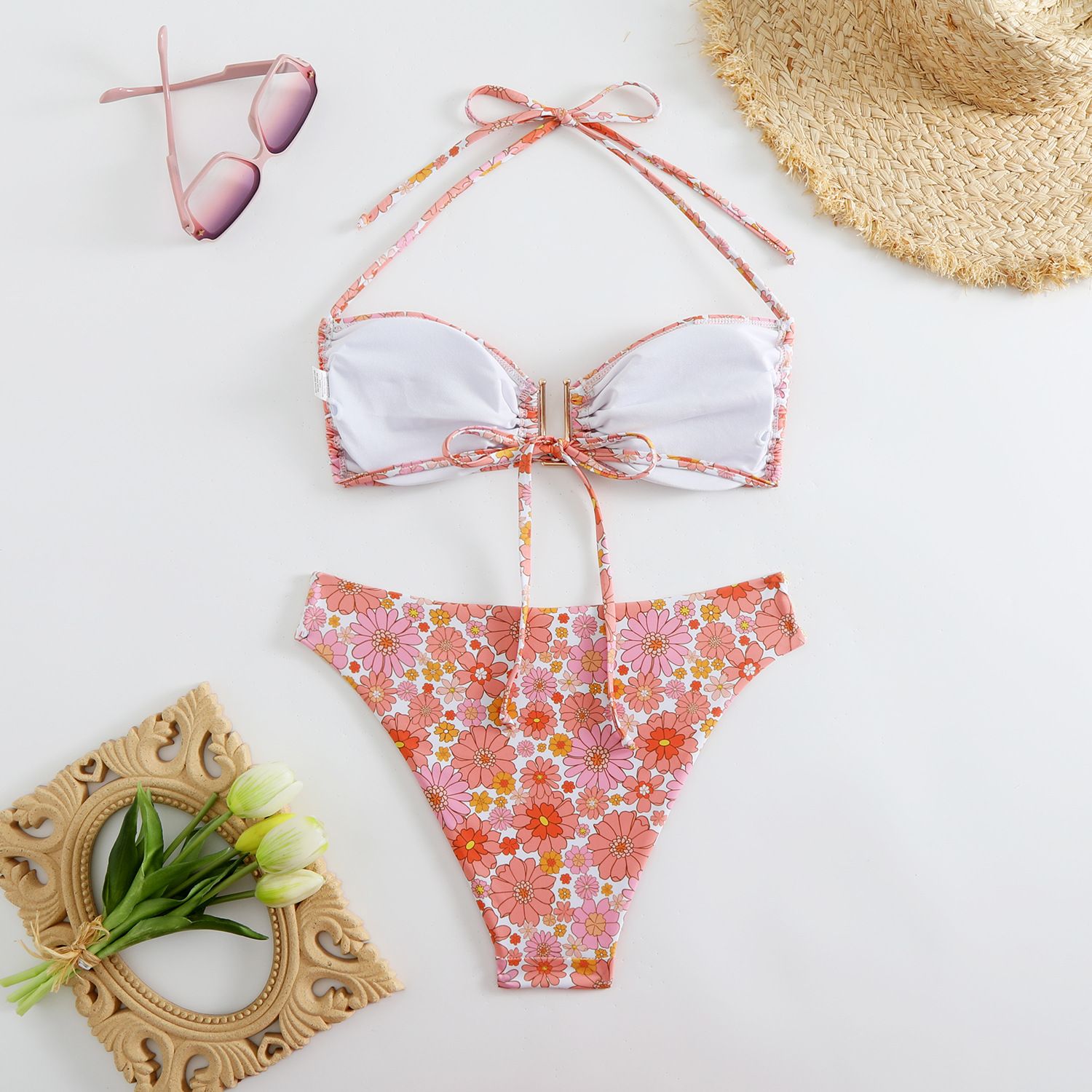 (image for) Floral Print Halter Bikini Set Metal Buckle Strappy Side Two‑Piece Women Swimsuit