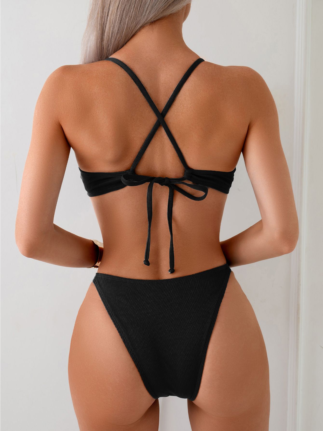 (image for) Solid Ribbed Three‑Point Bikini Set Adjustable Side Buckle Two‑Piece Women Swimsuit