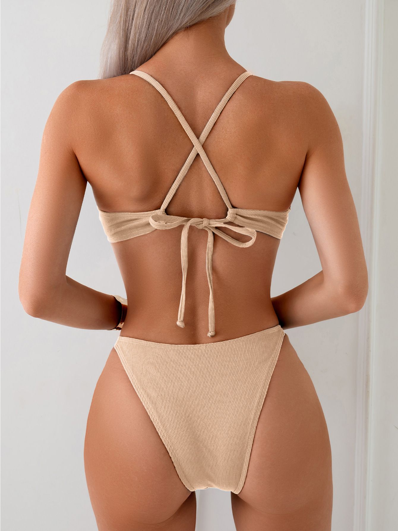 (image for) Solid Ribbed Three‑Point Bikini Set Adjustable Side Buckle Two‑Piece Women Swimsuit