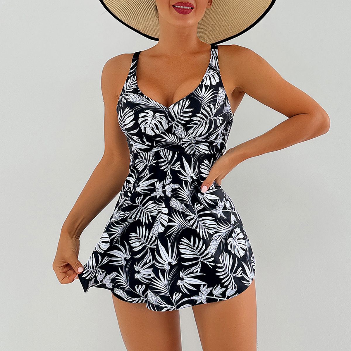 (image for) Women Tankini Swimsuit V‑Neck Tropical Floral Print Skirted Two‑Piece Bathing Suit With Shorts