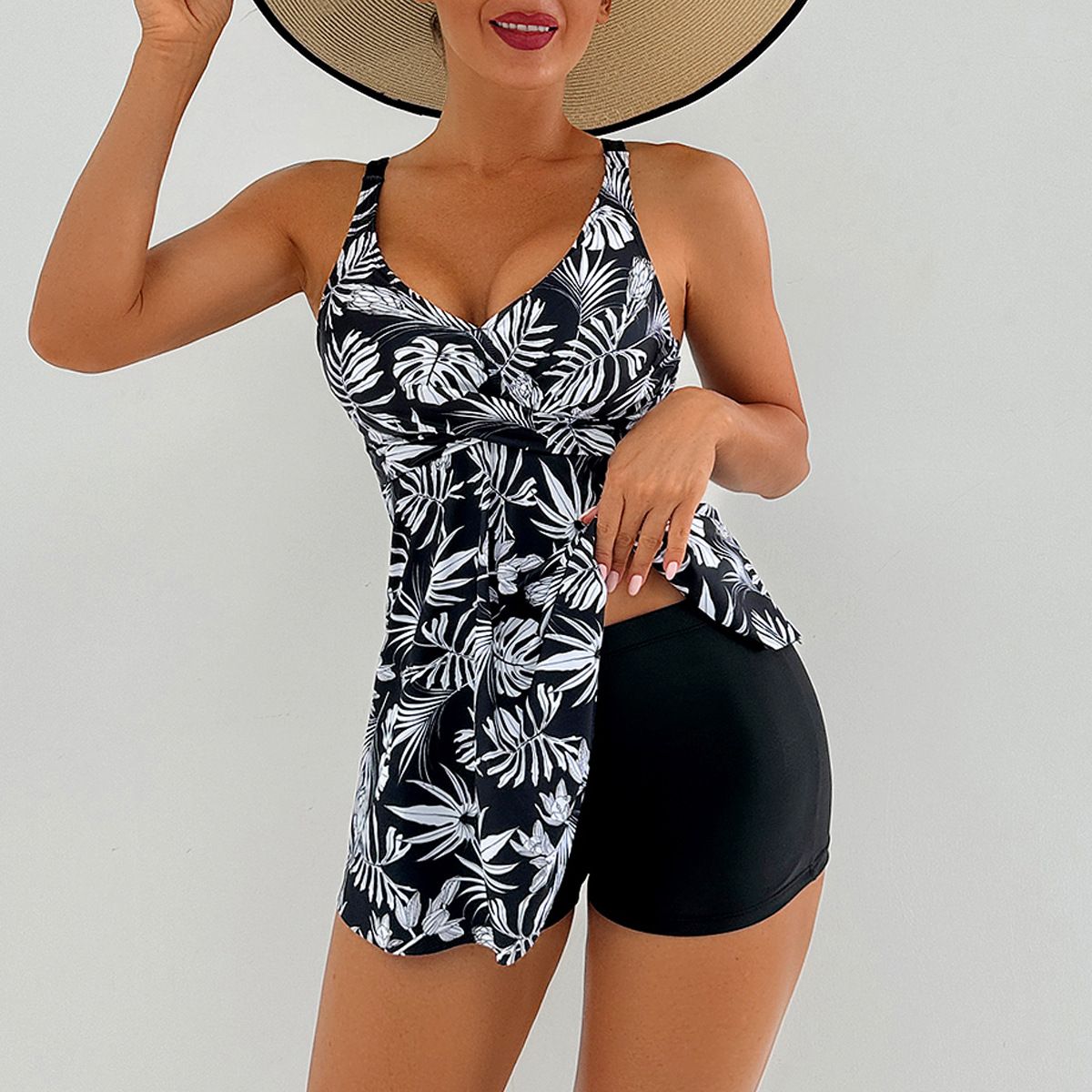 (image for) Women Tankini Swimsuit V‑Neck Tropical Floral Print Skirted Two‑Piece Bathing Suit With Shorts