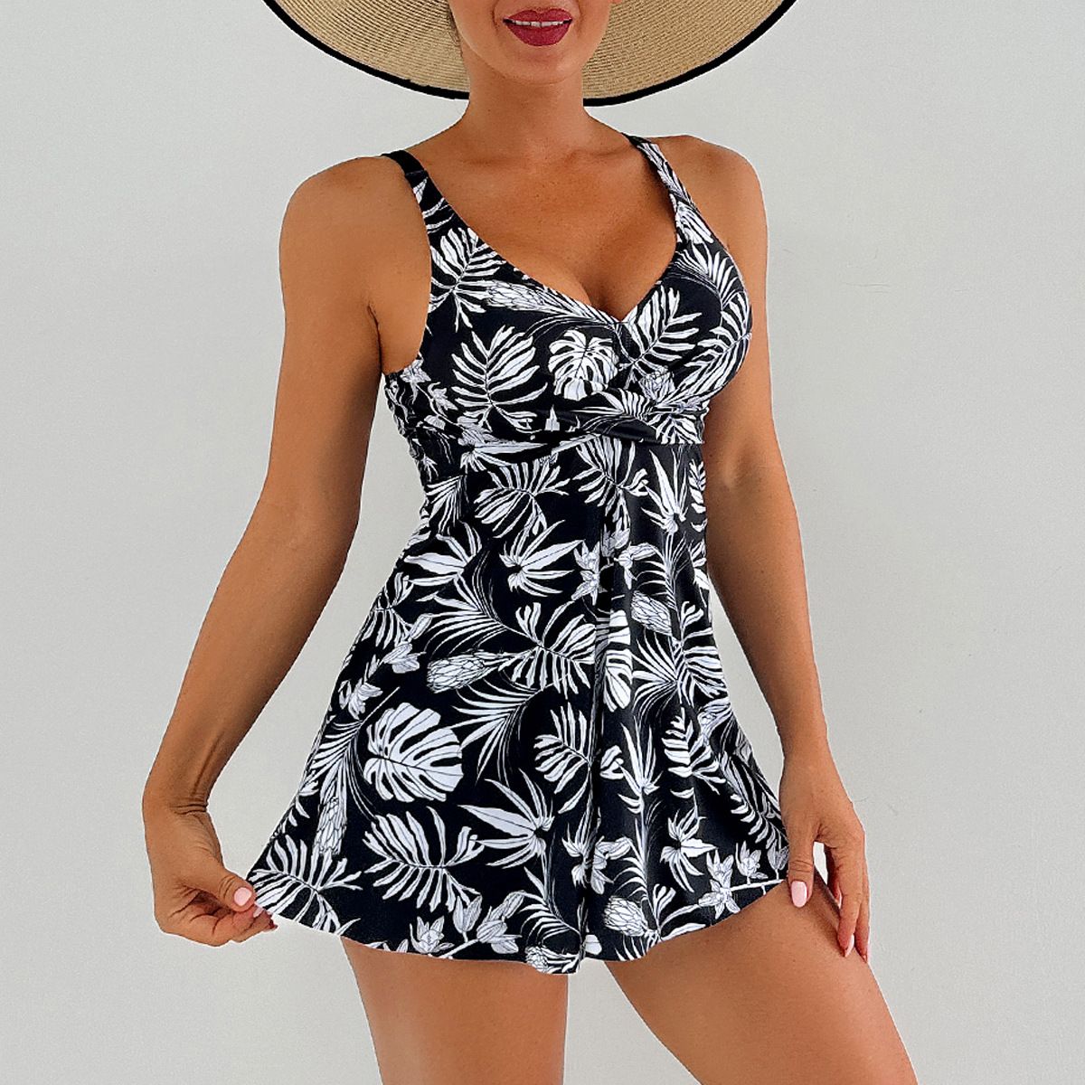 (image for) Women Tankini Swimsuit V‑Neck Tropical Floral Print Skirted Two‑Piece Bathing Suit With Shorts