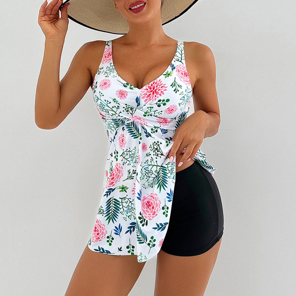 (image for) Women Tankini Swimsuit V‑Neck Tropical Floral Print Skirted Two‑Piece Bathing Suit With Shorts