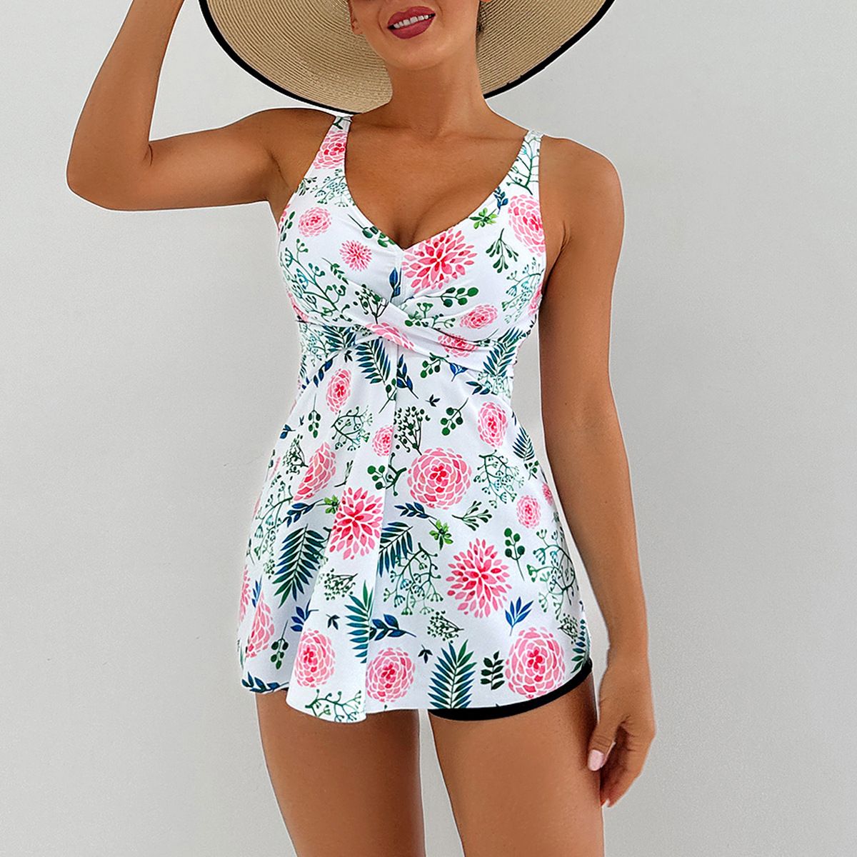 (image for) Women Tankini Swimsuit V‑Neck Tropical Floral Print Skirted Two‑Piece Bathing Suit With Shorts