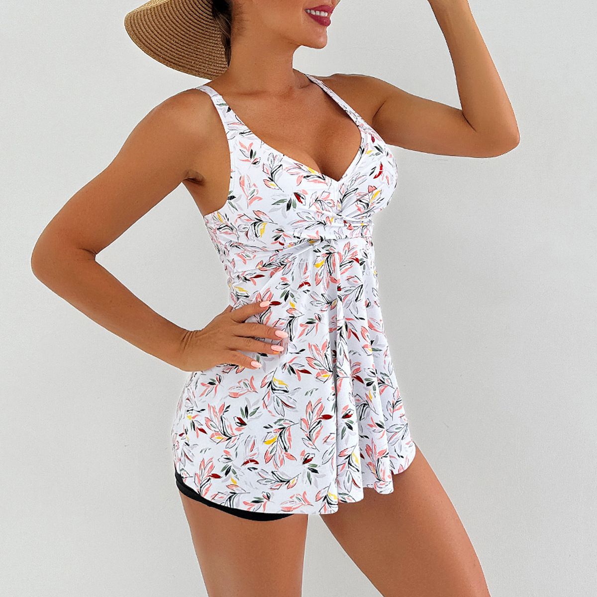 (image for) Women Tankini Swimsuit V‑Neck Tropical Floral Print Skirted Two‑Piece Bathing Suit With Shorts