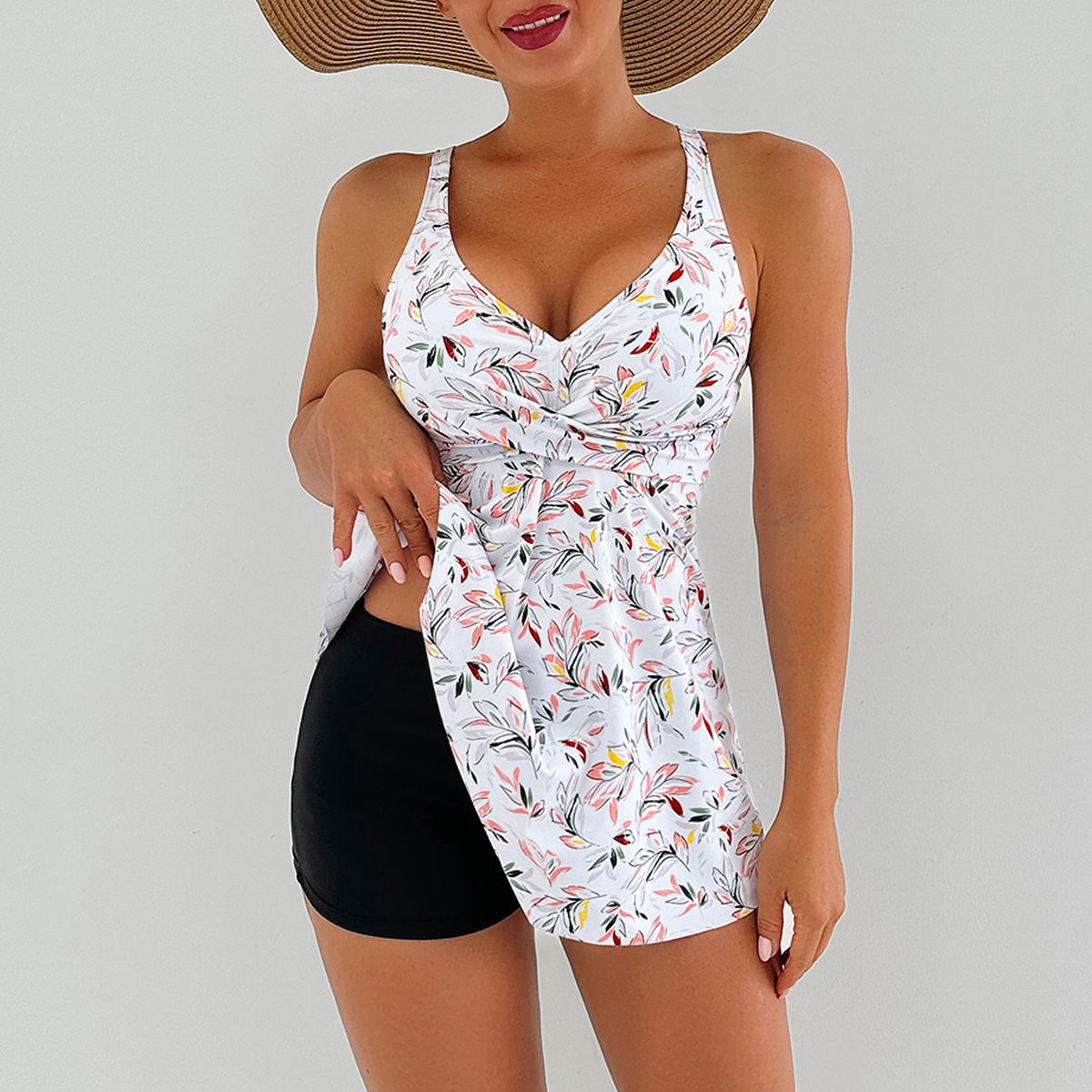 (image for) Women Tankini Swimsuit V‑Neck Tropical Floral Print Skirted Two‑Piece Bathing Suit With Shorts