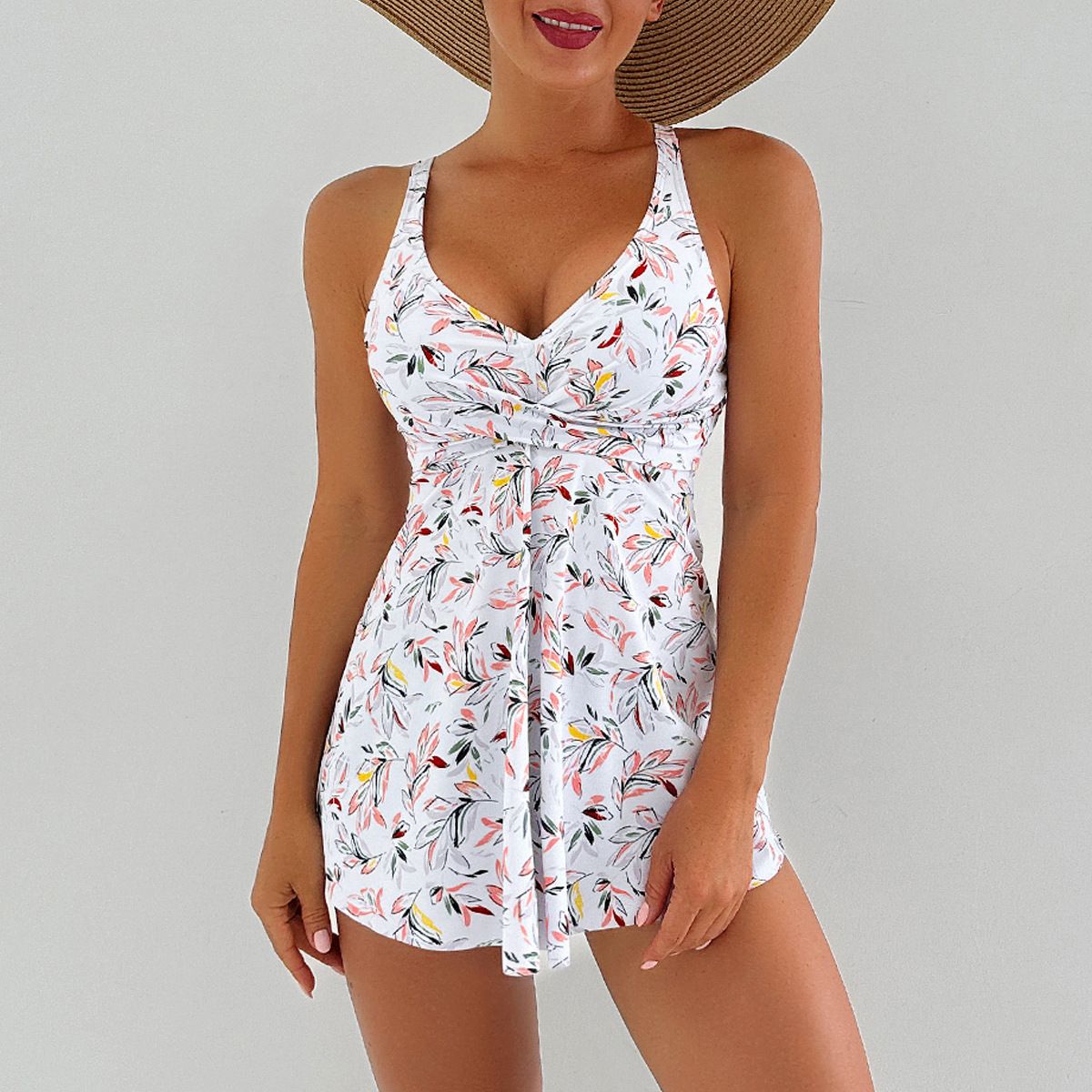(image for) Women Tankini Swimsuit V‑Neck Tropical Floral Print Skirted Two‑Piece Bathing Suit With Shorts