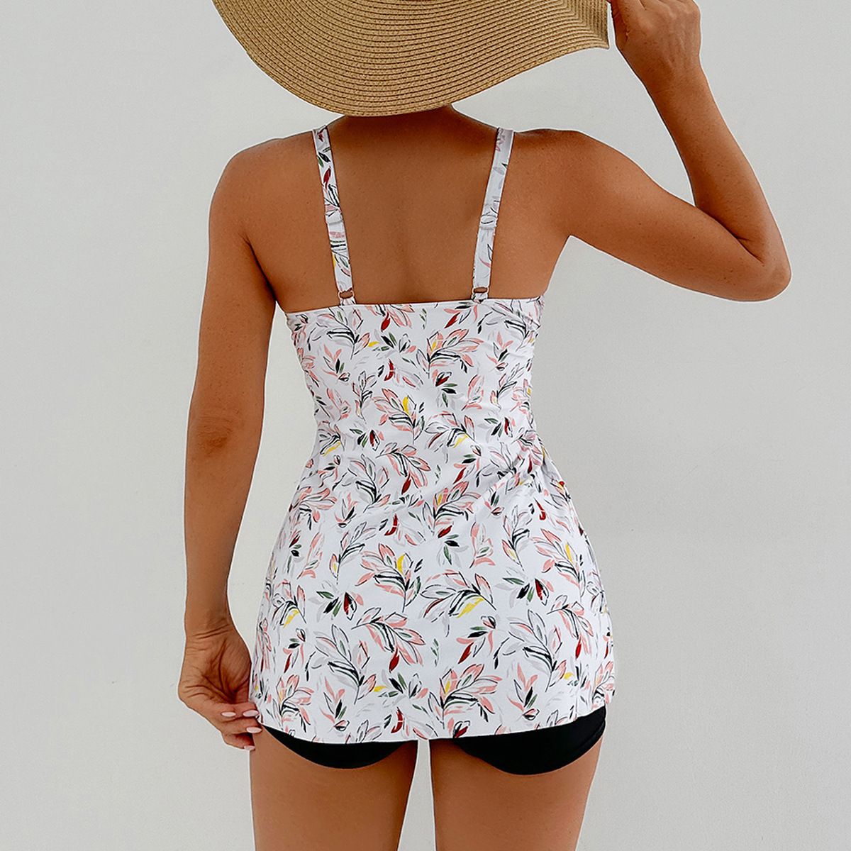 (image for) Women Tankini Swimsuit V‑Neck Tropical Floral Print Skirted Two‑Piece Bathing Suit With Shorts